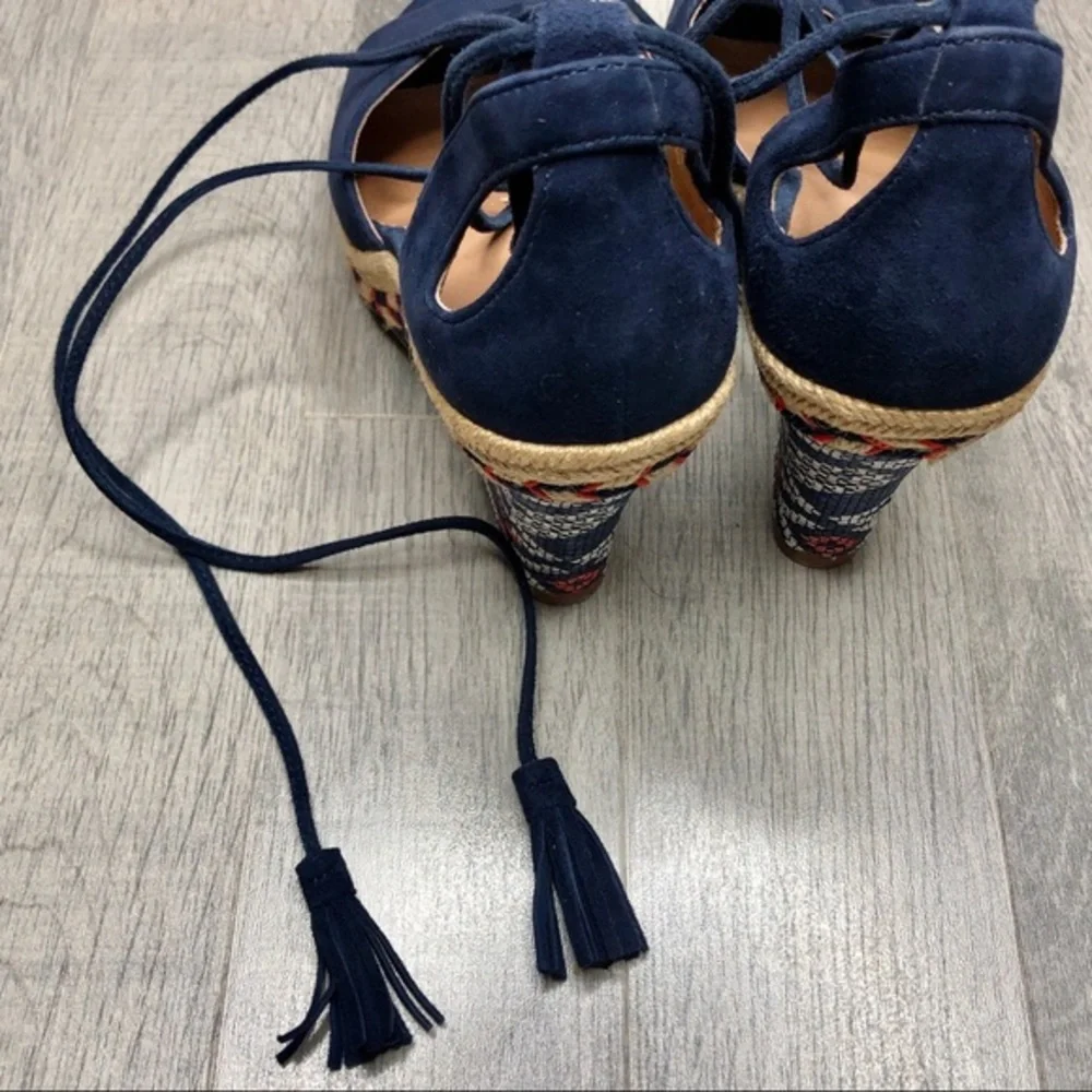 Cabi Isla leather espadrille ankle‎ tie wedge size 6 navy embroidered